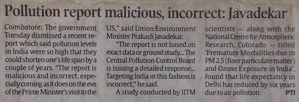 Newspaper clipping: Pollution report malicious, incorrect: Javadekar